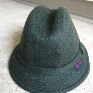 Puede incluir: Un sombrero fedora de fieltro verde oscuro con un ala ancha y un pequeño logotipo rojo, blanco y azul en el lateral.