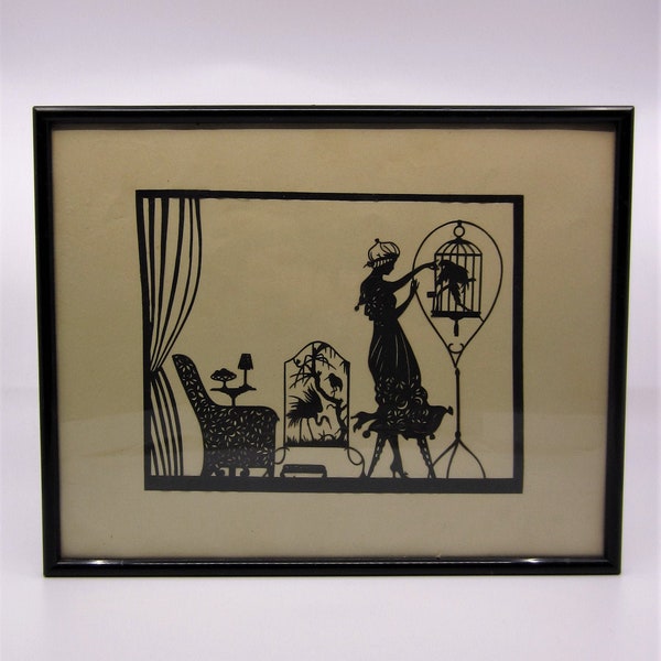 Antique / vintage Art Déco Paper Silhouette photo Jeune femme nourrissant un perroquet Français? Jeeves & Wooster style Décor insolite Doux cadeau années 1920