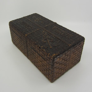 Vintage hand carved wooden chest Manila Segars (Cigars) Caduceus staff of Hermes with two serpents Basket weave decor Unique decorative box