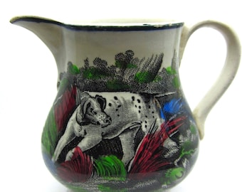 Antique early 1800s British Staffordshire pearlware creamer with transfer decor of Hunting Dogs Rare collectible transferware Great Britain