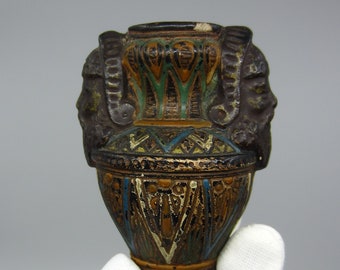 Extremely rare antique Wilhelm Schiller & Son miniature ceramic vase w/ bearded heads Historic style Assyrian / Babylonian / Minoan revival