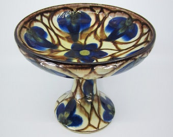 Stunning large antique Art Nouveau / Arts & Crafts glazed ceramic tazza / footed serving dish Floral decor Iridescent glaze