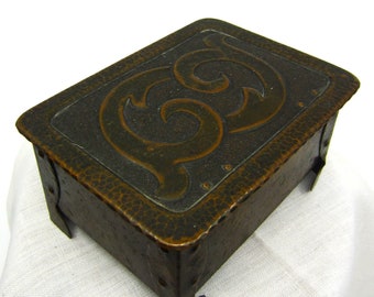 Antique or vintage small Swedish (?) copper jewelry box Arts & Crafts style Repoussé decor Symbolic ornament Nordic or Celtic style chest
