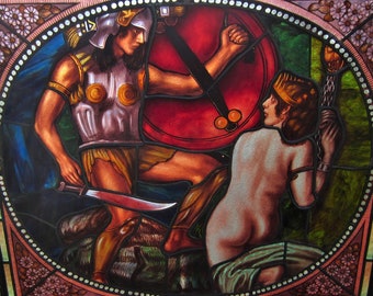 Exceptional antique or vintage Swedish large stained glass panel Perseus and Andromeda by Anders Nilsson Scandinavian art Museum quality