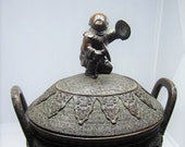 Large detailed Antique Japanese bronze Incense burner Censer Cymbal player Musician figurine Phoenix Qilin Meiji Japan Asian metal art Gift