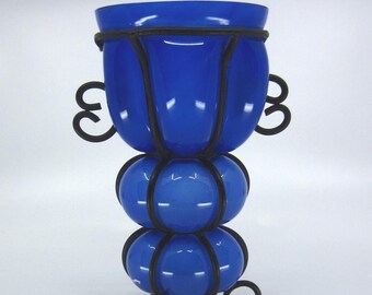 Rare unusual vintage Swedish blue caged glass vase with wrought iron frame Signed Asymmetrical design Playful mid century gift 1960s Sweden