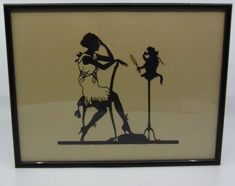 Antique / Vintage Art Deco Paper Silhouette picture Young lady and a monkey French? Jeeves & Wooster style Unusual decor Sweet gift 1920s