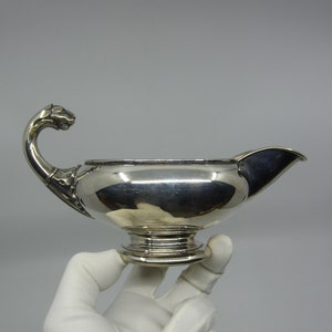 Vintage Danish silver plated metal gravy boat Lion head handle Empire style sauce boat Neo classical sauciere Hallmarked FB Made in Denmark image 3