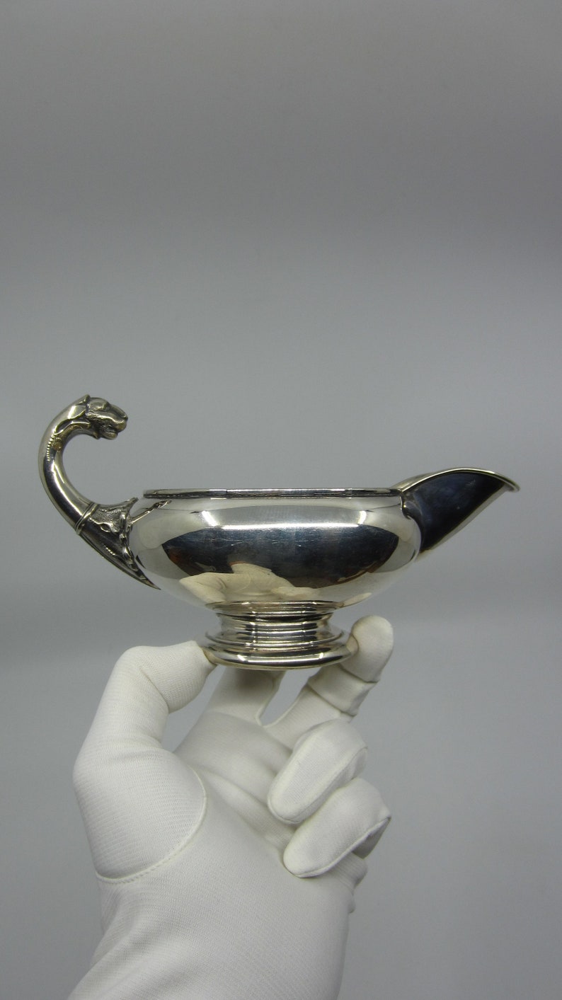 Vintage Danish silver plated metal gravy boat Lion head handle Empire style sauce boat Neo classical sauciere Hallmarked FB Made in Denmark image 3