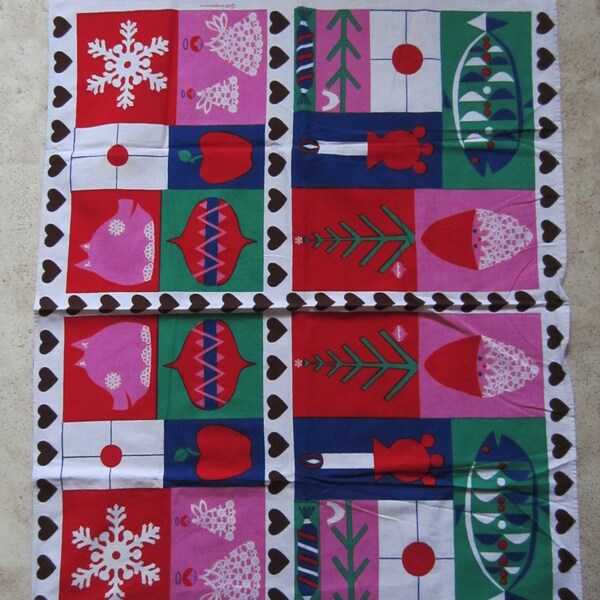 Vintage Swedish hand printed Christmas table cloth Design Gitt Lagerson Santa Angels Snowflakes Decorative Scandinavian textile Nordic style