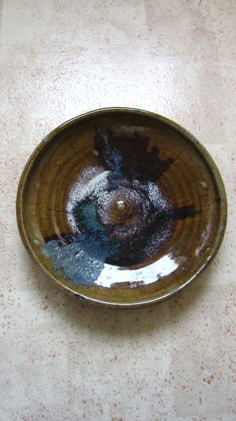 Swedish large and special glazed ceramic dish plate bowl Multi color glaze Signed Sweden Vintage Retro Scandinavian studio pottery Gift