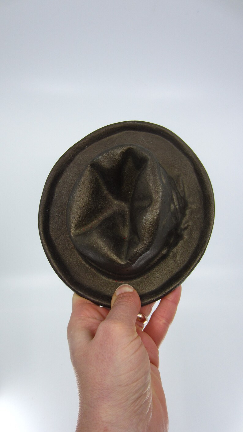 Antique large and heavy cast iron paperweight door stop Crushed Hat Signed Metal sculpture Novelty decoration Quirky gift Mancave decor