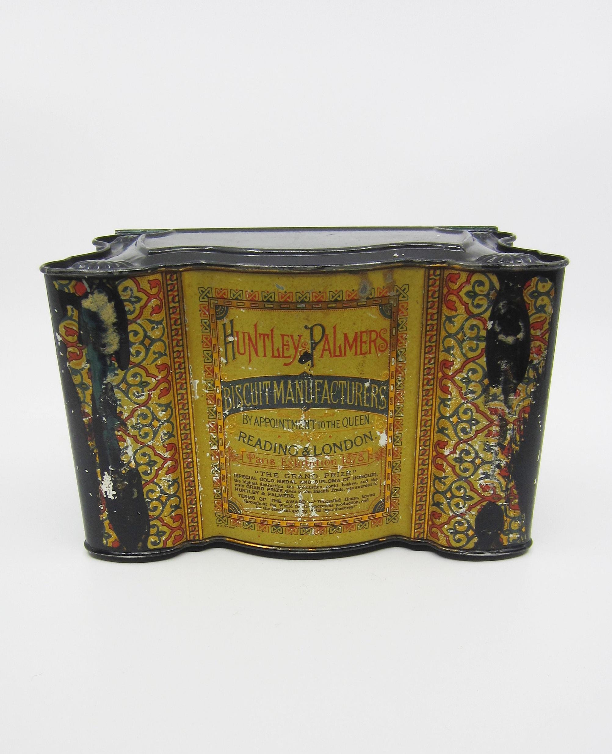 Antique British Huntley & Palmers chest shaped biscuit tin box Charming collectible ornament Decorative Victorian gift Made in Great Britain