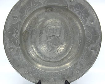 Antique commemorative pewter charger / large plate with Napoleon Bonaparte's profile Marked 1808 Engraved decor Collectible historical gift