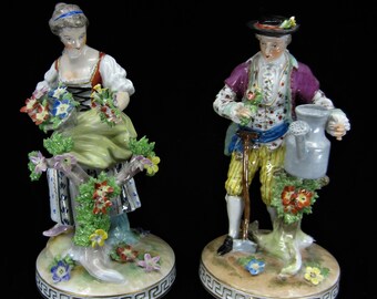 A pair of antique / vintage German Thieme Potschappel porcelain figurines Two Gardeners 1700s&#39; Rococo style Exquisite gift Dresden Germany