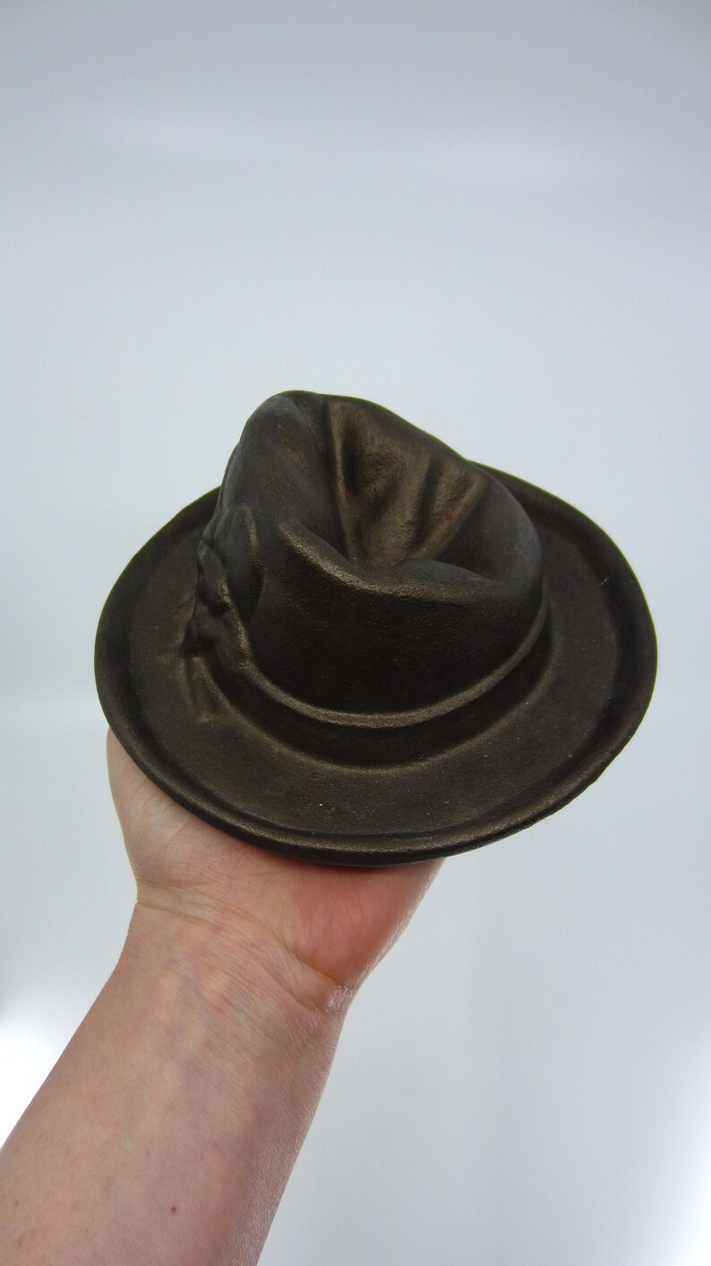 Antique large and heavy cast iron paperweight door stop Crushed Hat Signed Metal sculpture Novelty decoration Quirky gift Mancave decor
