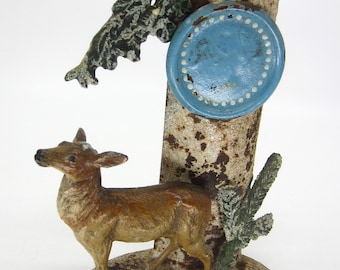 Antique or vintage painted metal sculptural decoration with watch stand / display and Roe deer figurine Nature inspired ornament Unique gift