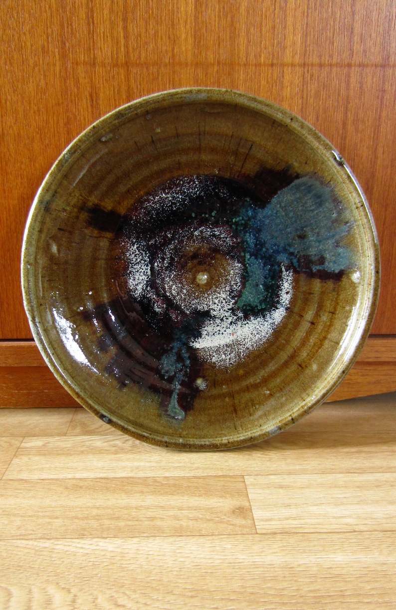 Swedish large and special glazed ceramic dish plate bowl Multi color glaze Signed Sweden Vintage Retro Scandinavian studio pottery Gift