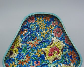Vintage French Emaux de Longwy wavy edge ceramic tray with Enamel floral decorations Colorful design Decorative gift Oriental style France