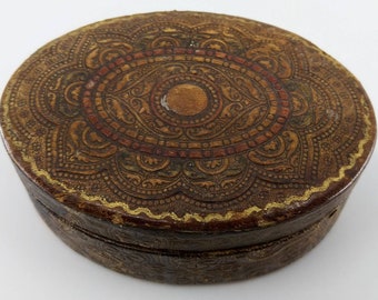 Antique Italian Embossed Leather Oval Lidded Box with Silk lining Ornamental design Gilt decor Made in Italy Traditional crafts Gift for her