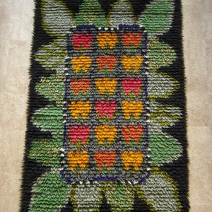 Peut inclure: Tapis rectangulaire fait à la main, fond noir et motif floral central. Les fleurs sont rouges, oranges et jaunes, avec des feuilles vertes et grises. Le tapis a un aspect texturé et touffu.