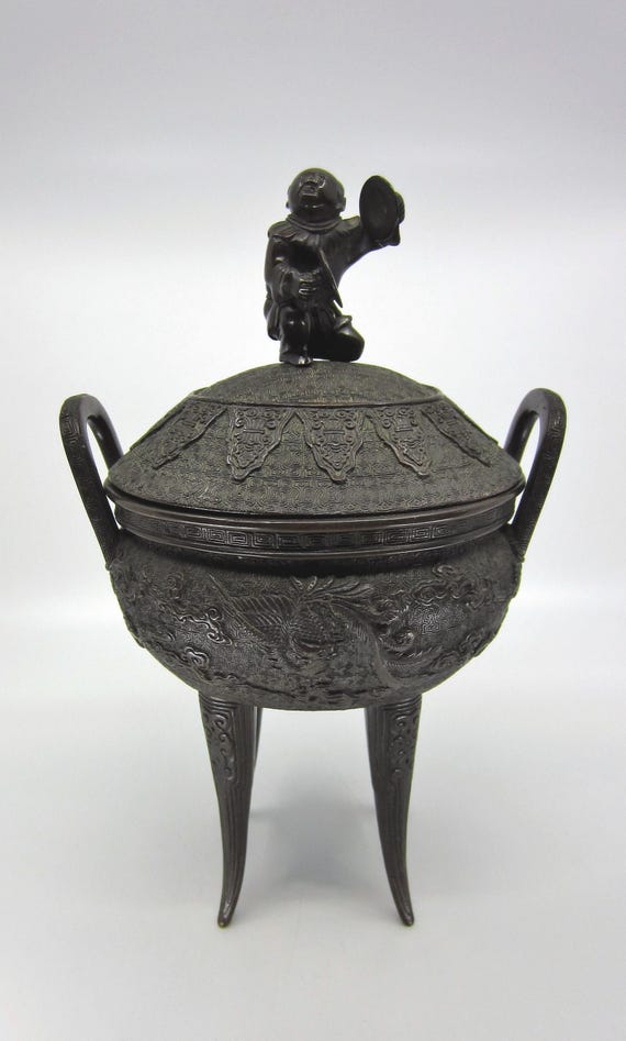 Large Detailed Antique Japanese Bronze Incense Burner Censer