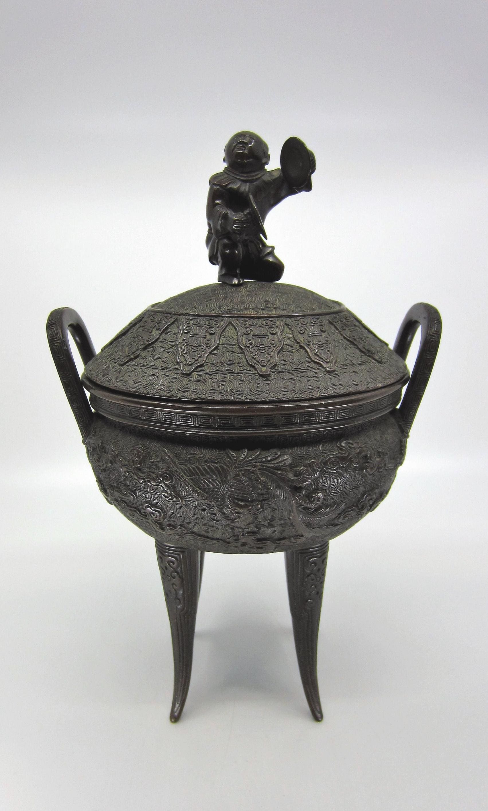Large Detailed Antique Japanese Bronze Incense Burner Censer