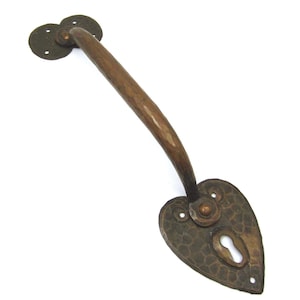 Antique Swedish (?) hand forged copper door handle with key hole Arts & Crafts style Hammered decor Heart shaped ornament Rustic metal art