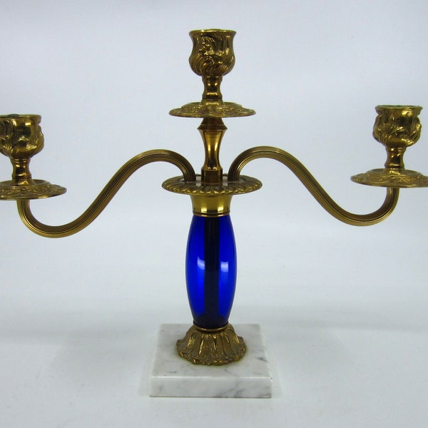 Vintage or antique Victorian style candle holder / candelabra Blue glass baluster Marble base Classical table decor Decorative centerpiece