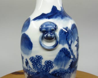 Antique 1800s Chinese blue & white porcelain vase Animal head handles Hand painted landscape and figures decor Decorative Asian accent China