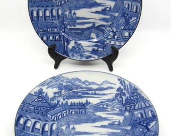 Pair of VERY RARE antique Japanese (?) blue & white porcelain / ceramic landscape plates 1800s Willow style decor Collectible transferware