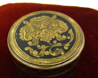 Antique Indian small metal box and cover Niello decorations Engraved floral ornaments Exotic lidded jar Oriental style decor Decorative gift