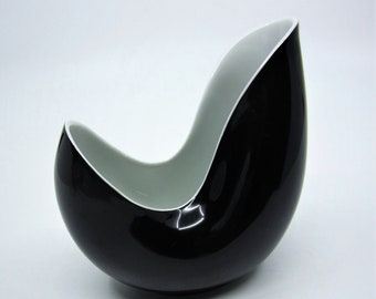 Vintage German Rosenthal black & white porcelain vase Beate Kuhn? 1950s Curved free form design Modernist designer gift Made in Germany