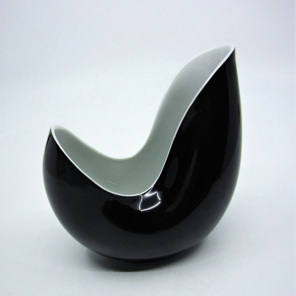 Vintage German Rosenthal black & white porcelain vase Beate Kuhn? 1950s Curved free form design Modernist designer gift Made in Germany