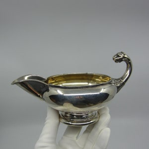 Vintage Danish silver plated metal gravy boat Lion head handle Empire style sauce boat Neo classical sauciere Hallmarked FB Made in Denmark image 5
