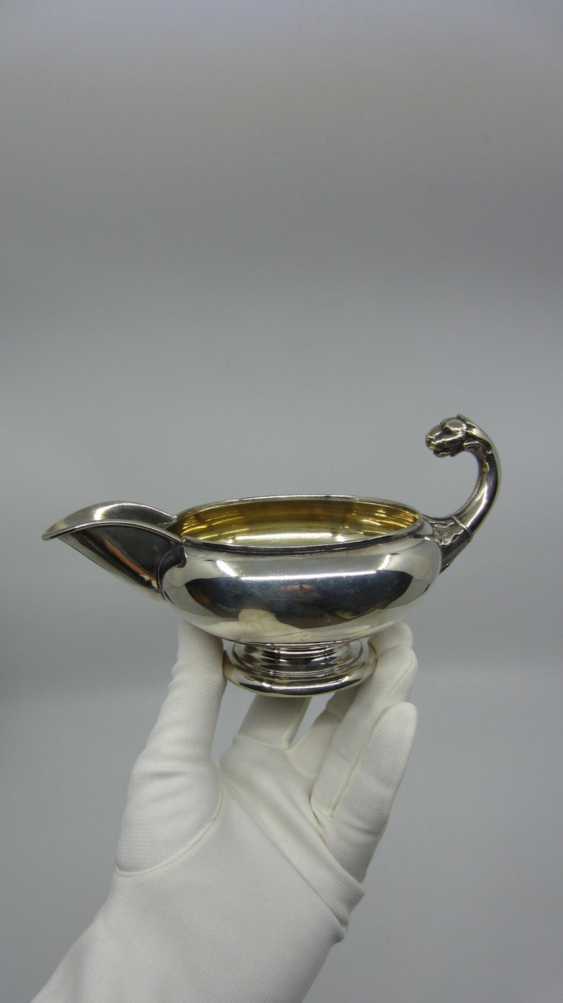 Vintage Danish silver plated metal gravy boat Lion head handle Empire style sauce boat Neo classical sauciere Hallmarked FB Made in Denmark image 5