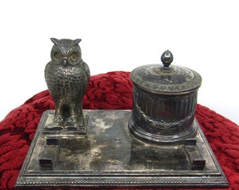 Antique silverplated metal inkstand with Owl figurine & decorative inkwell German? Austrian? Detailed bird miniature Unique desk ornament