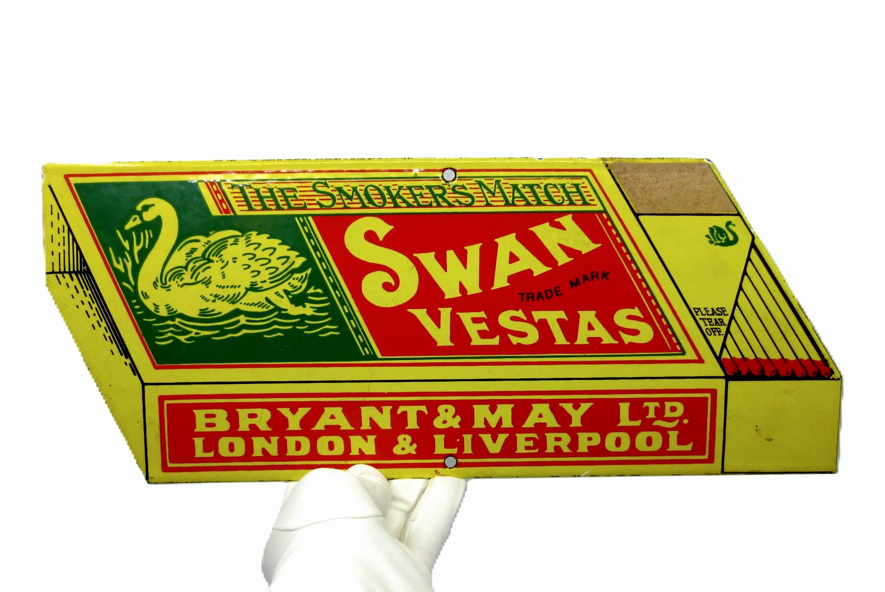 英国 SWAN VESTAS Bryant & May 琺瑯 看板 マッチ Vintage English Metal Advertising Sign Swan Vestas Smoker's Match