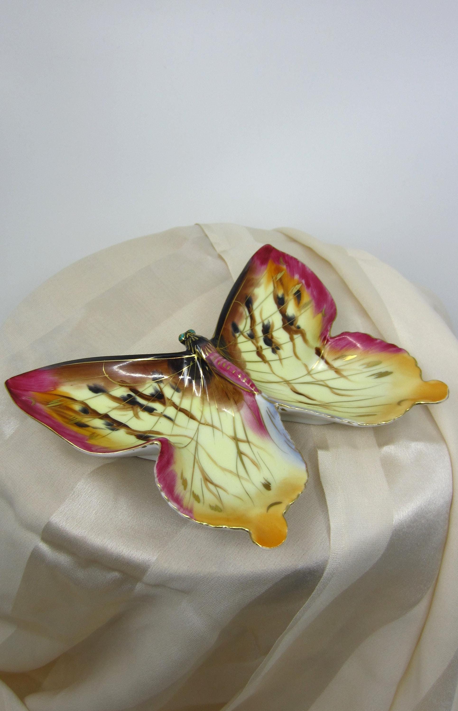 Vintage Japanese (?) hand painted porcelain Butterfly dish / wall decoration Figural ring tray Elegant trinket bowl Dressing table ornament