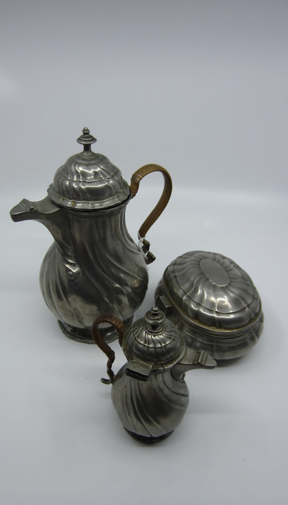 Antique German Pewter Coffee or Hot Chocolate Set: Pot, Creamer