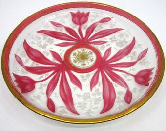 Antique Bohemian engraved glass platter with decor of Tulips and Roses Signed with cross and T&Co - made for Tiffany and Co? Extremely rare