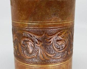Antique Italian Embossed Leather round lidded Box Renaissance style Gilt decor Made In Italy Cylinder shaped Early 1900s Traditional crafts