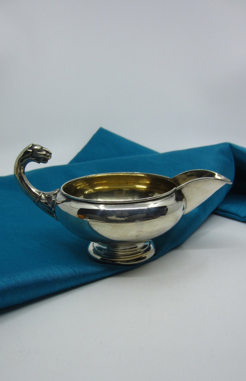 Vintage Danish silver plated metal gravy boat Lion head handle Empire style sauce boat Neo classical sauciere Hallmarked FB Made in Denmark image 1