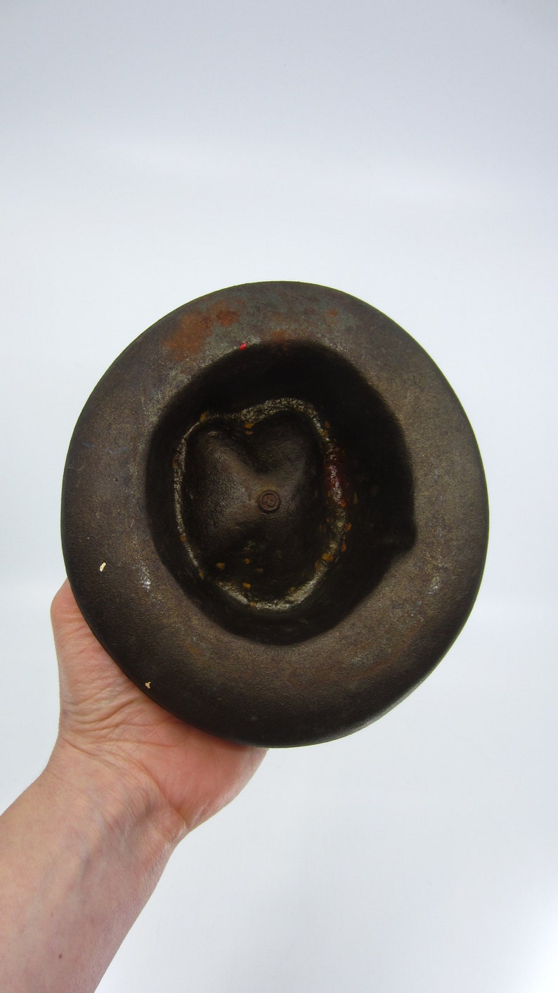 Antique large and heavy cast iron paperweight door stop Crushed Hat Signed Metal sculpture Novelty decoration Quirky gift Mancave decor