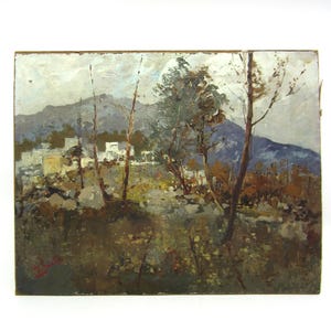 vintage italien Ezelino Briante peinture originale à l'huile sur carton paysage de montagne signée sans cadre photo de style bohème Vue de la Sicile ?