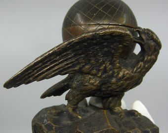 Antique British Elkington & Co Eagle and Globe inkwell 1845 Victorian desk decor Rare metal sculpture Figural desktop ornament Great Britain