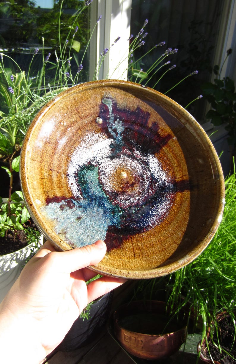 Swedish large and special glazed ceramic dish plate bowl Multi color glaze Signed Sweden Vintage Retro Scandinavian studio pottery Gift