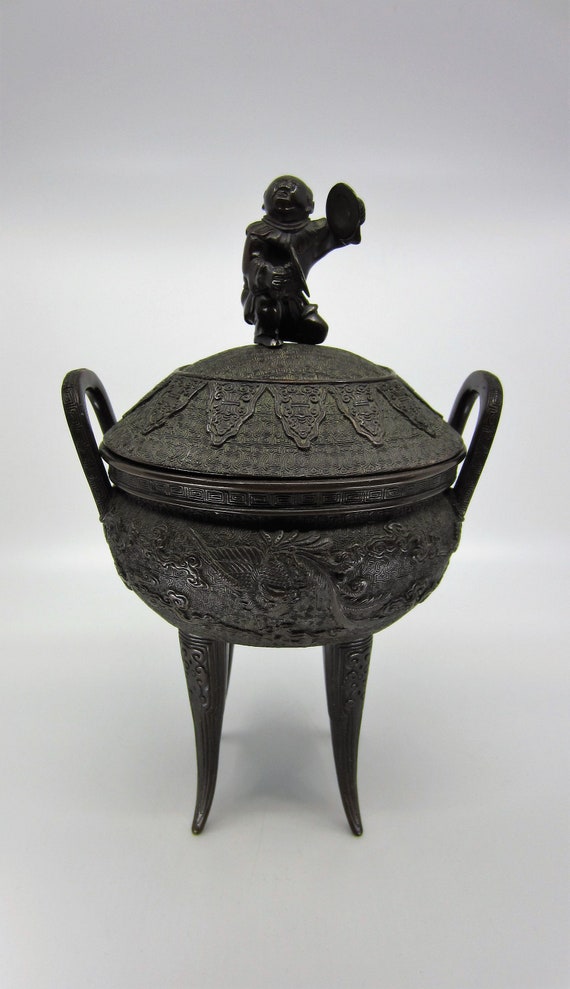 Large Detailed Antique Japanese Bronze Incense Burner Censer