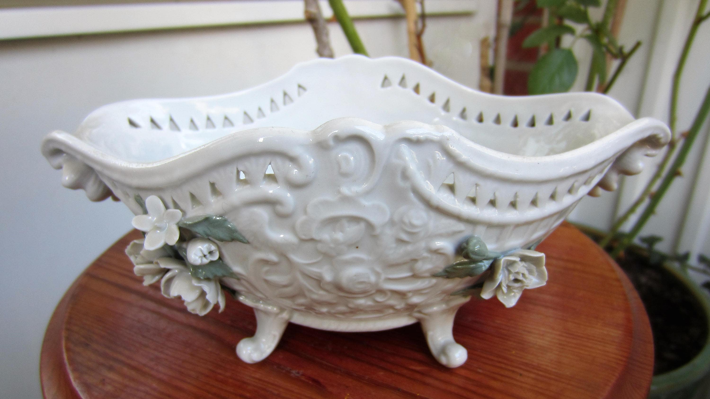 Vintage German Carl Thieme Potschappel White Porcelain Jardiniere/Planter Basket Bowl With Flowers in Relief Rococo Style Pierced Decor