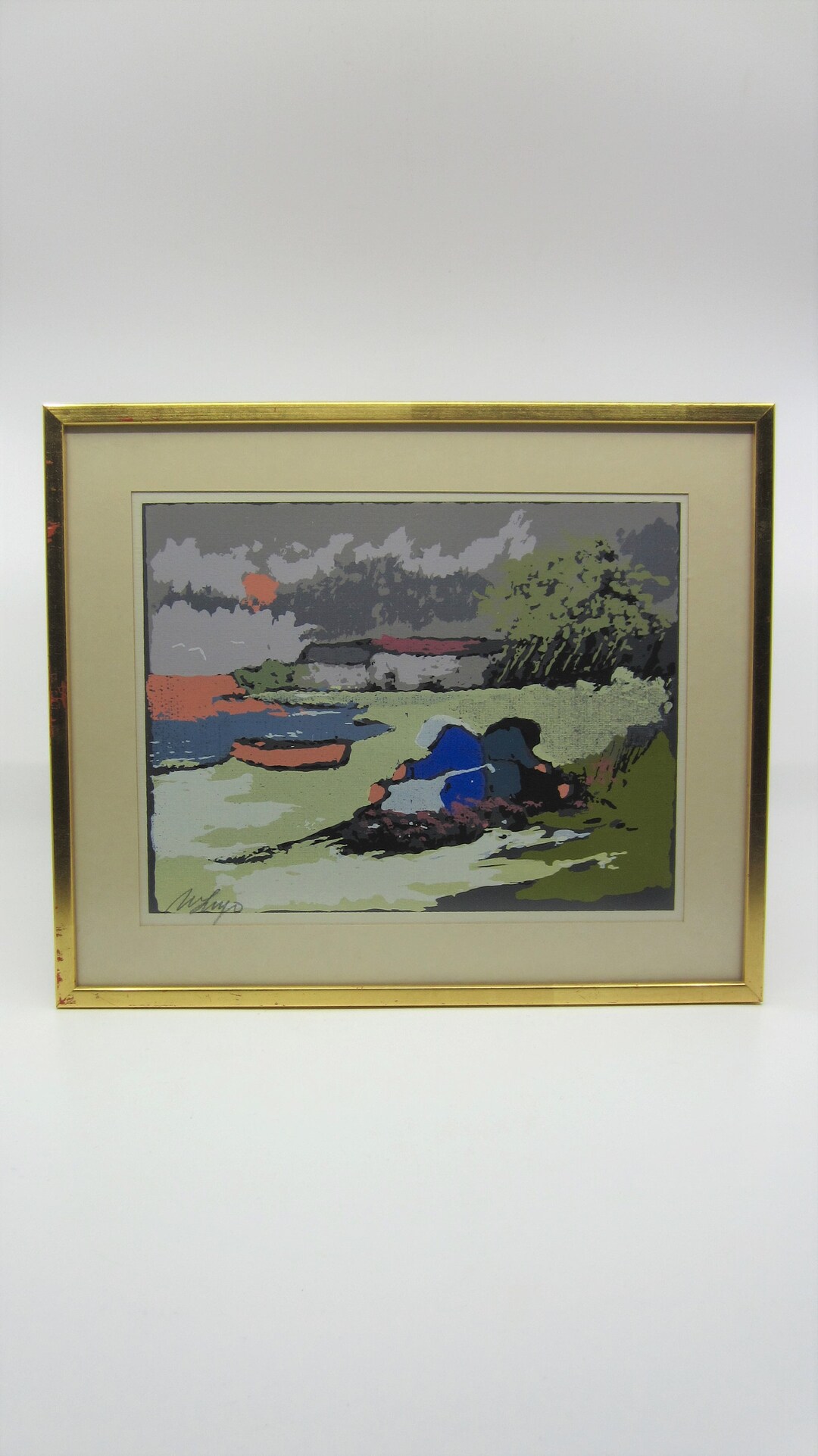 Vintage Italian Mario Lupo Screen Print Two Old Ladies by the Sea 1960s ...
